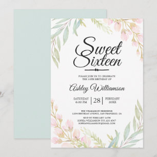 Sweet Sixteen 16th Birthday Blue Pink Floral Invitation