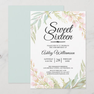 Sweet Sixteen 16th Birthday Blue Pink Floral Invitation