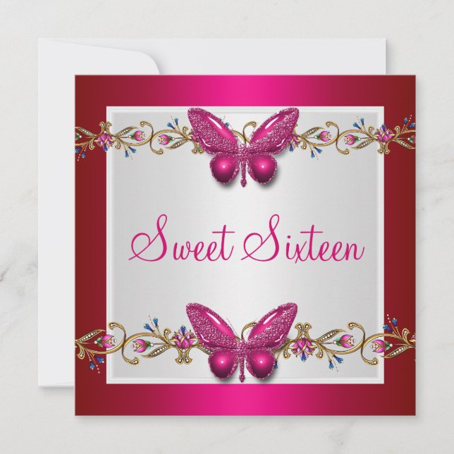 Sweet Sixteen 16th Birthday Butterfly Fushia Invitation (Front)
