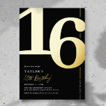 Sweet Sixteen 16th Birthday Party Foil Invitation<br><div class="desc">Real foil black and gold 16th birthday party invitations featuring the number '16' in a large bold serif font,  and a modern invite template that is easy to personalise.</div>