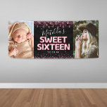 Sweet Sixteen 16th Birthday Party Photo Banner<br><div class="desc">Girly 16th birthday party banner featuring a trendy black background,  2 large photos,  pink glitter sparkles and confetti,  sweet sixteen pink hellium balloons,  and a custom celebration template that is easy to personalise.</div>