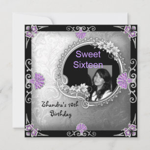 Sweet Sixteen 16th Birthday Silver Purple Photo Invitation