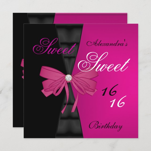 Sweet Sixteen 16th Bright Pink Black Bow party Invitation (Front/Back)