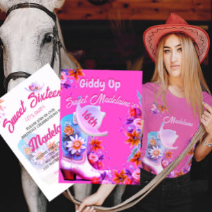 Sweet Sixteen 16th Cowgirl Floral Pink Birthday Invitation