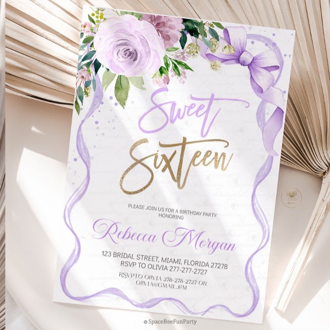 Sweet Sixteen 16th Invitation (Sweet Sixteen, Sweet 16 Invitation, 16th Birthday, Pink Bow Invitation, Floral Watercolor, Birthday )