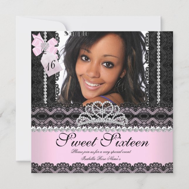 Sweet Sixteen 16th Pink Silver Photo Black Lace Invitation (Front)