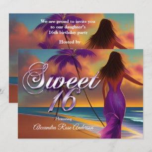 Sweet Sixteen 16th Purple girl Beach Ocean gold Invitation