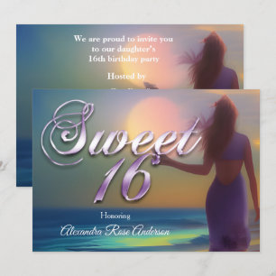 Sweet Sixteen 16th Purple girl on Beach Ocean blue Invitation