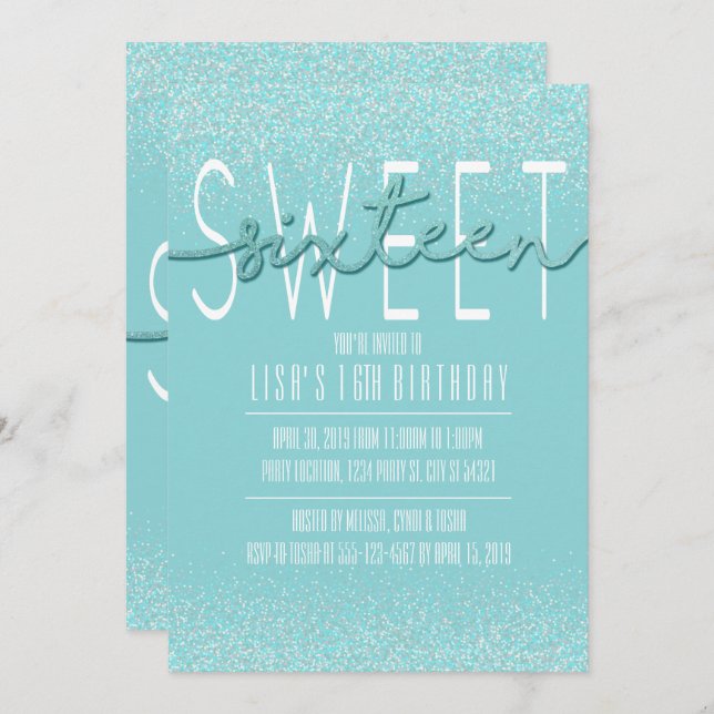 Sweet Sixteen, Aqua Glitter Birthday Invitations (Front/Back)