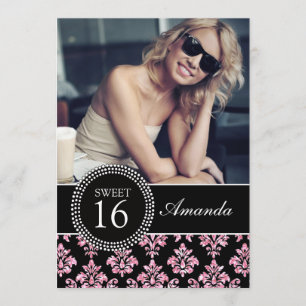 SWEET SIXTEEN, BABY PINK GLITTER,  BLACK DAMASK INVITATION