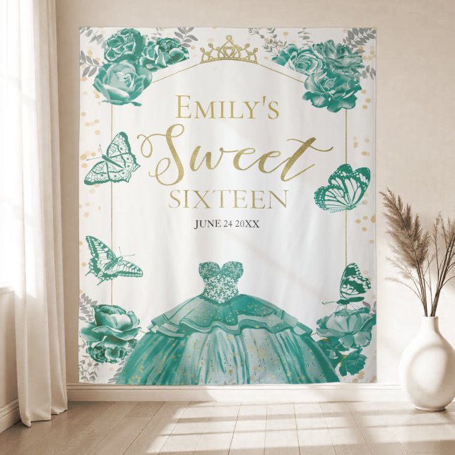 Sweet Sixteen Backdrop Butterfly Green Dress Tapestry (Creator Uploaded)