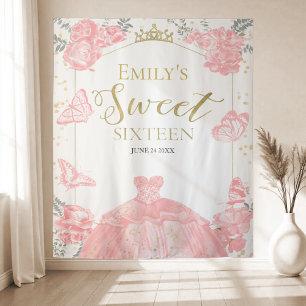Sweet Sixteen Backdrop Butterfly Pink Dress Floral Tapestry