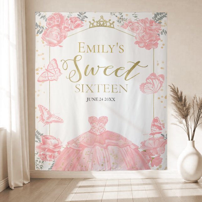 Sweet Sixteen Backdrop Butterfly Pink Dress Floral Tapestry (Creator Uploaded)