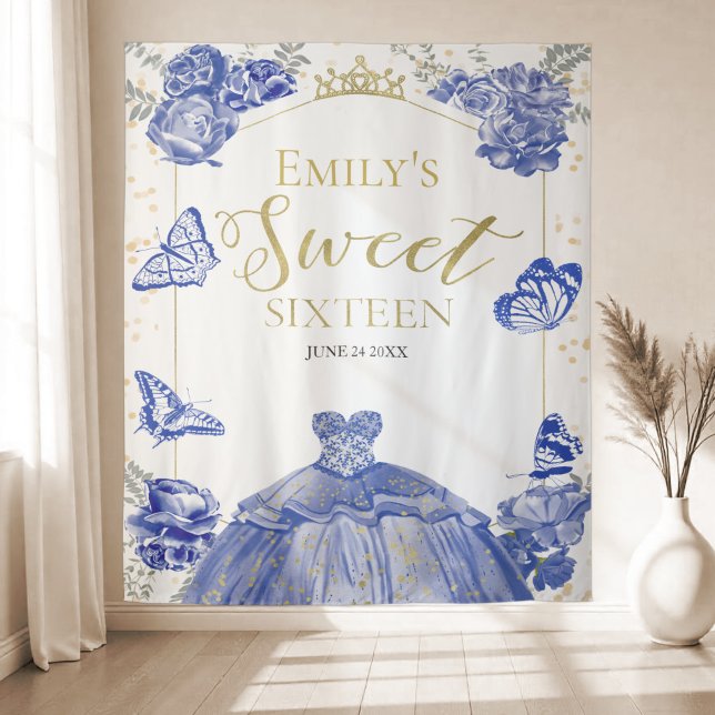 Sweet Sixteen Backdrop Butterfly Royal Blue Dress  Tapestry (Creator Uploaded)