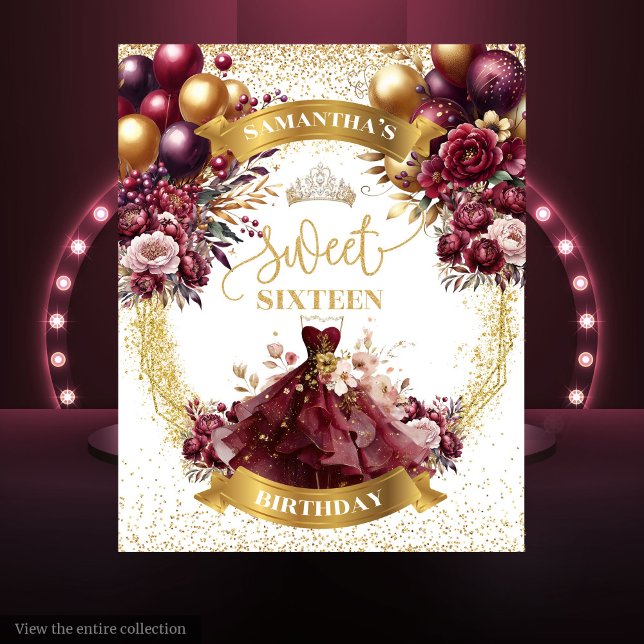 Sweet Sixteen Banner Burgundy Balloons Watercolor  Tapestry (Sweet Sixteen Banner Burgundy Balloons Watercolor Style)