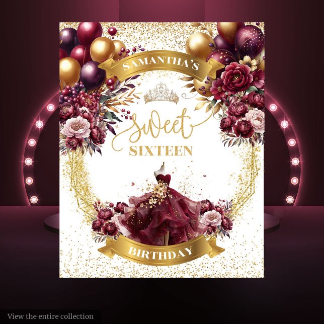 Sweet Sixteen Banner Burgundy Flowers Gold Glitter Tapestry (Sweet Sixteen Banner Burgundy Flowers Gold Glitter)