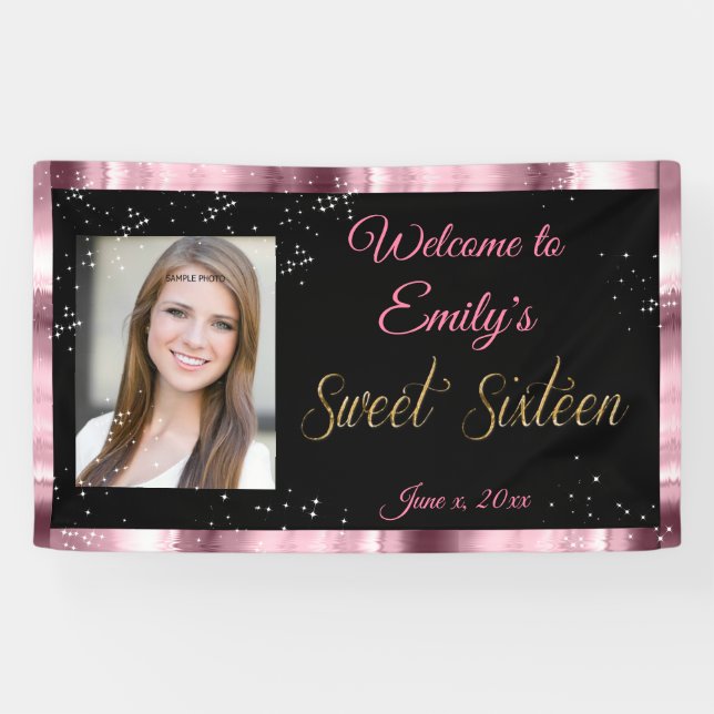 Sweet Sixteen Banner, Pink & Black, Sparkle Stars Banner (Horizontal)