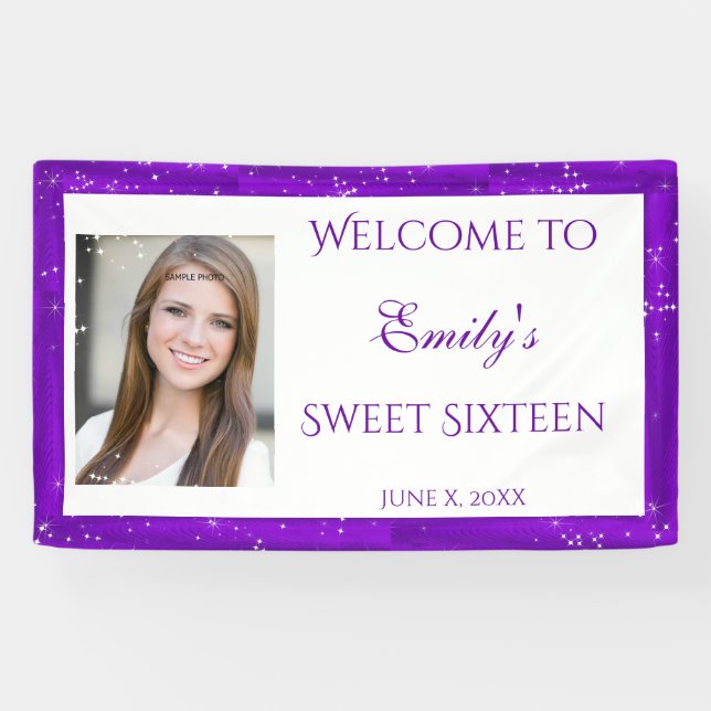 Sweet Sixteen Banner, Purple, Sparkle Stars Banner (Horizontal)