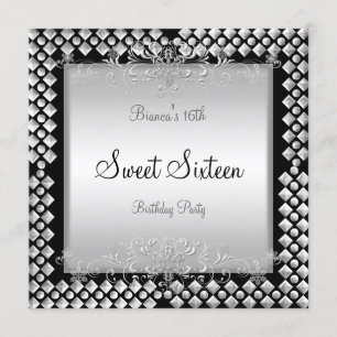 Sweet Sixteen Birthday 16 16th Silver Black Invitation