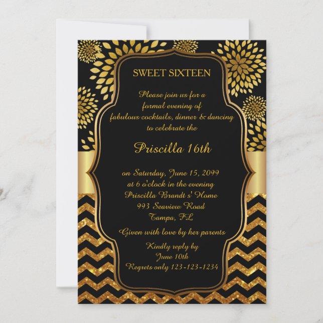 Sweet Sixteen Birthday,16th,Gatsby style,black,Gol Invitation (Front)