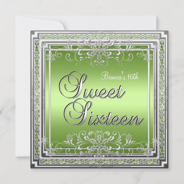 Sweet Sixteen Birthday Bright Green Silver Girl Invitation (Front)