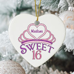 Sweet Sixteen Birthday Custom Pink Heart Christmas Ceramic Ornament<br><div class="desc">Personalised pretty sweet sixteen birthday gift Christmas ornament with a beautiful pink tiara topped with a cute purple heart and your teenage girl's name inside of it. Words Sweet 16 written in beautiful script for your girly teenager.</div>