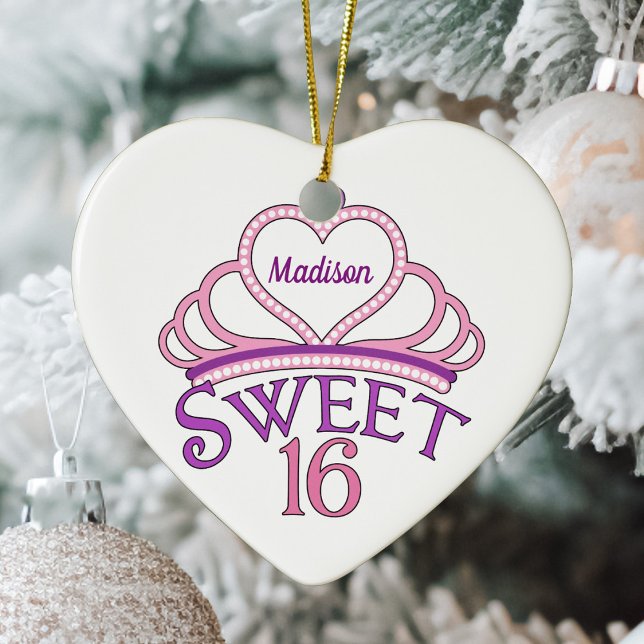 Sweet Sixteen Birthday Custom Pink Heart Christmas Ceramic Ornament (Creator Uploaded)