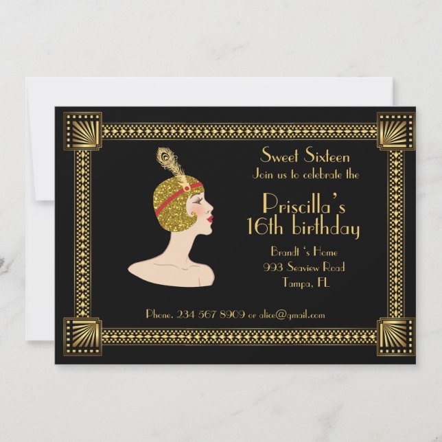 Sweet Sixteen birthday, Gatsby style, black & gold Invitation (Front)
