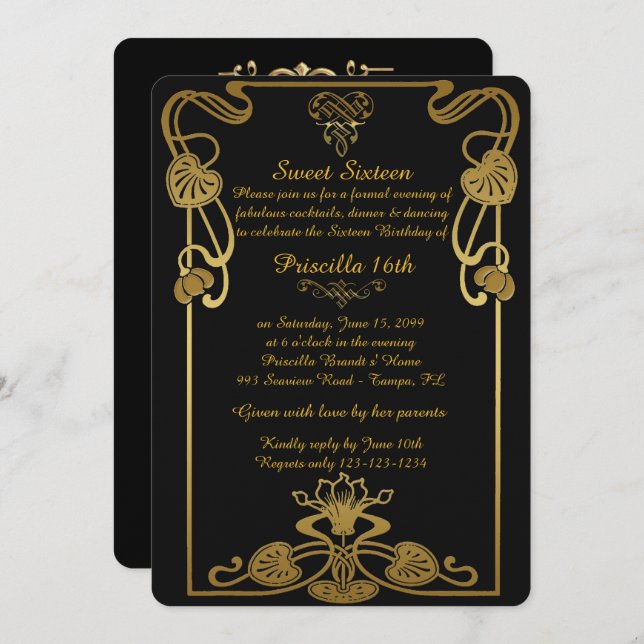 Sweet Sixteen Birthday,Gatsby style, Black-Gold Invitation (Front/Back)