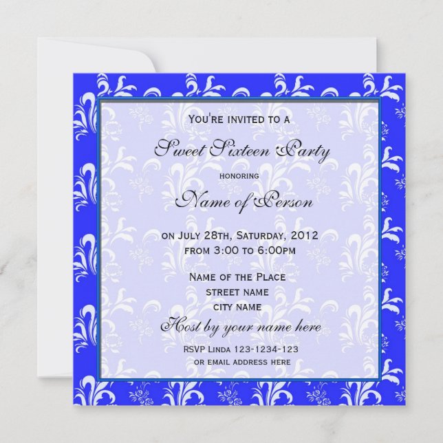 Sweet sixteen birthday invitation, blue damask. invitation (Front)