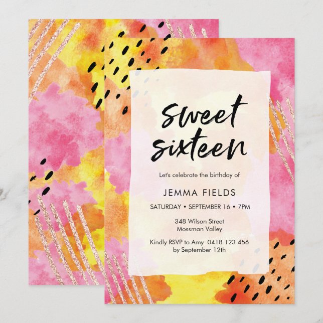 Sweet Sixteen Birthday Invitation | pink abstract (Front/Back)