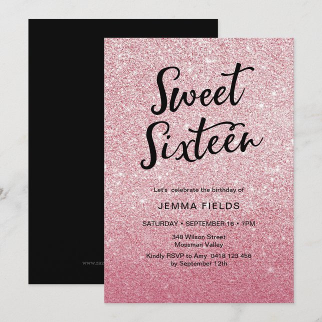 Sweet Sixteen Birthday Invitation pink glitter (Front/Back)