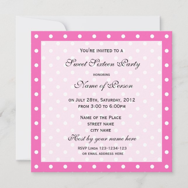 Sweet sixteen birthday invitation, pink polka dots invitation (Front)