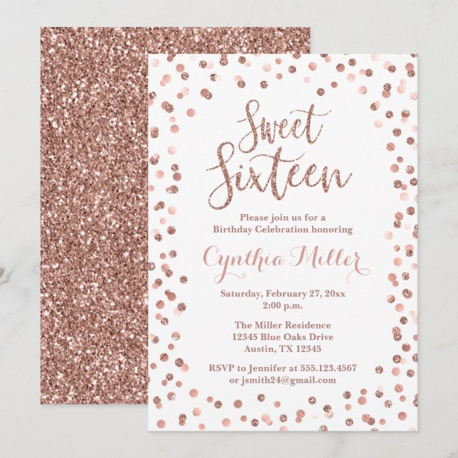 Sweet Sixteen Birthday Invitation Rose Gold (Front/Back)