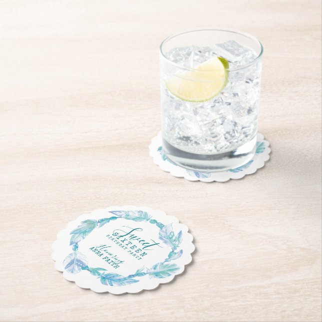Sweet sixteen birthday party boho art aqua  paper coaster (Insitu)