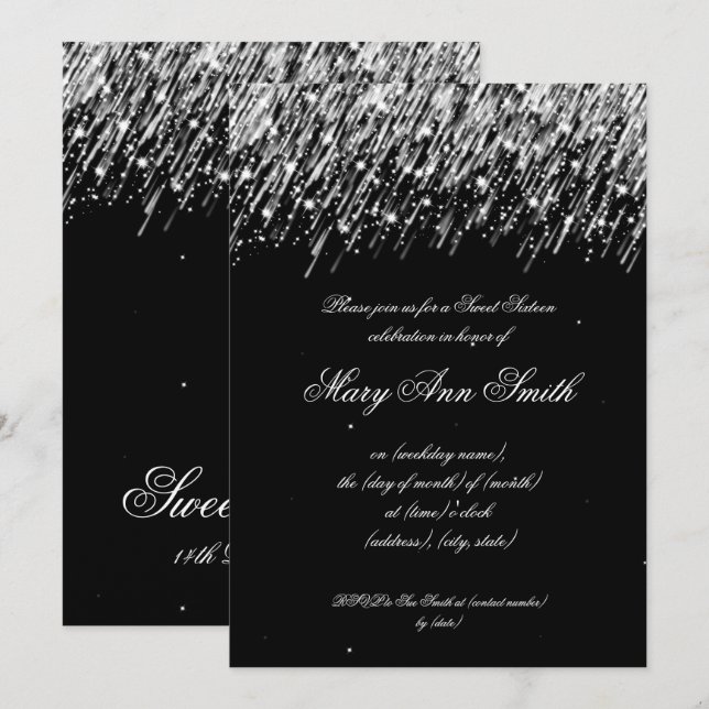 Sweet Sixteen Birthday Party Falling Stars Silver Invitation (Front/Back)