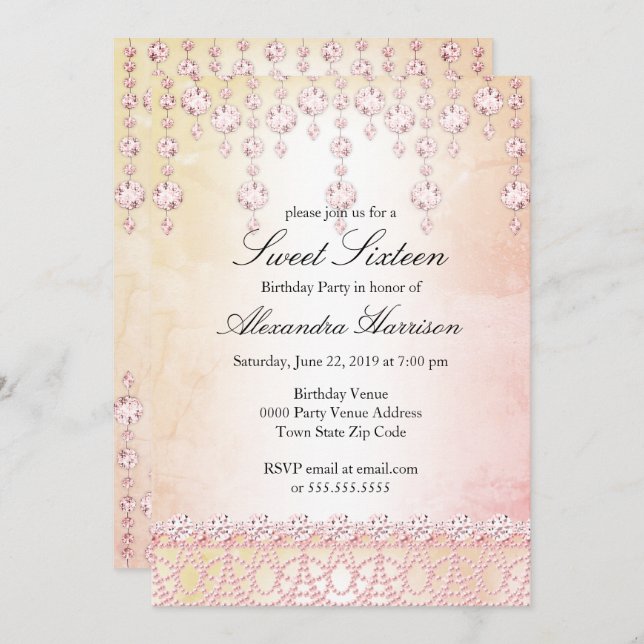Sweet Sixteen Birthday Party Pink Crystal Silver Invitation (Front/Back)