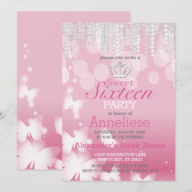 Sweet Sixteen Birthday - Pink and Diamonds Invitation (Front/Back)