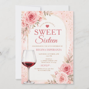 Sweet Sixteen Birthday Pink Floral Wine Glass Invitation
