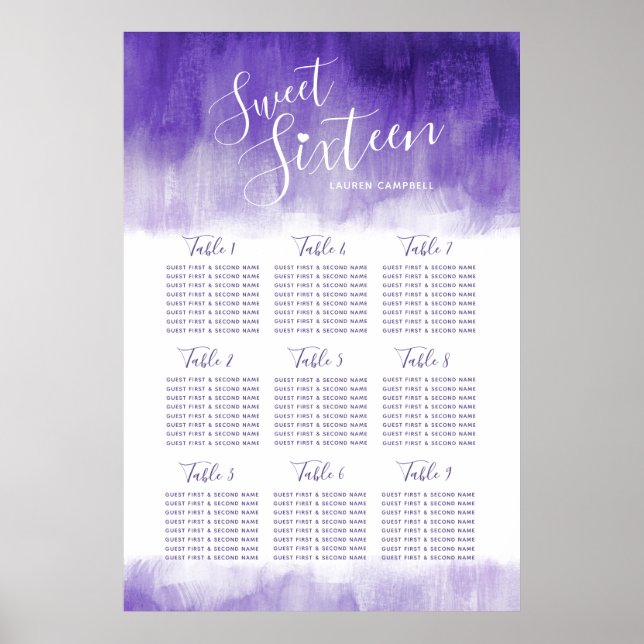 Sweet sixteen birthday purple abstract table plan poster (Front)