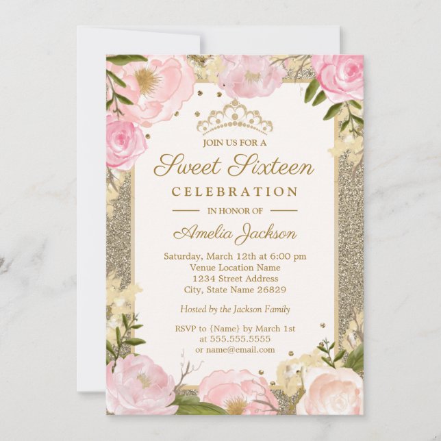 Sweet Sixteen Birthday Sparkle Pink Gold Floral Invitation (Front)