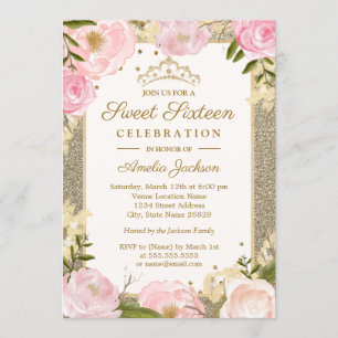 Sweet Sixteen Birthday Sparkle Pink Gold Floral Invitation
