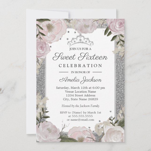 Sweet Sixteen Birthday Sparkle Pink Silver Floral Invitation (Front)