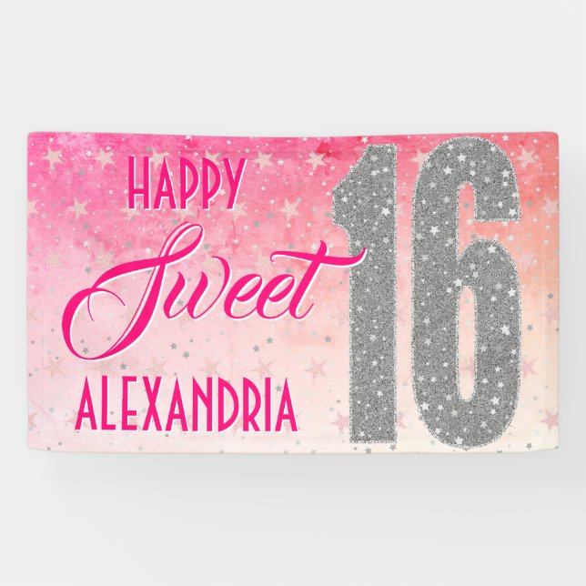 Sweet Sixteen Birthday | Stars Pink Glitter Banner (Horizontal)