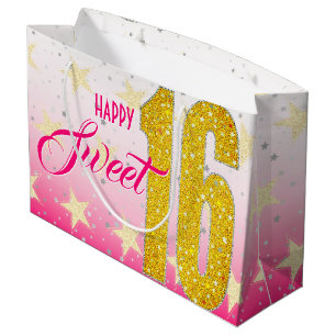 Sweet Sixteen Birthday   Stars Pink Glitter Large Gift Bag