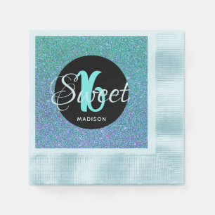 Sweet Sixteen Birthday Teal Aqua Glitter Monogram Napkin