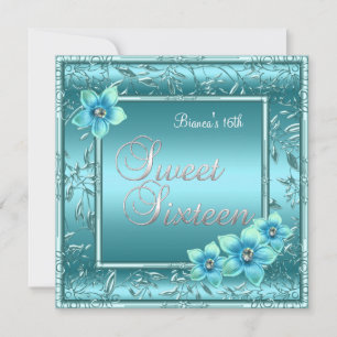 Sweet Sixteen Birthday Teal Blue Flower Silver 2 Invitation