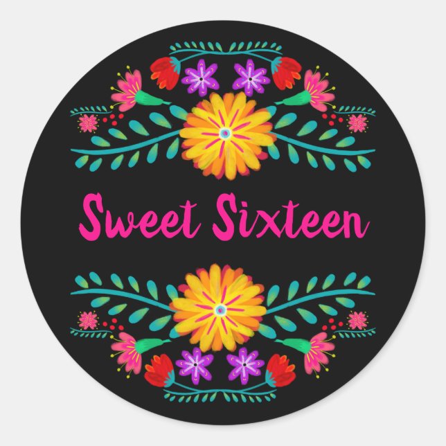 Sweet Sixteen Black and Pink Mexican Fiesta Floral Classic Round Sticker (Front)