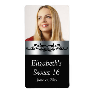 Sweet Sixteen Black and Silver Water Lables
