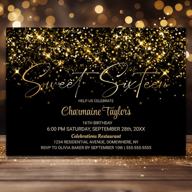 Sweet Sixteen Black Gold Glitter Birthday Party Invitation (Creator Uploaded)